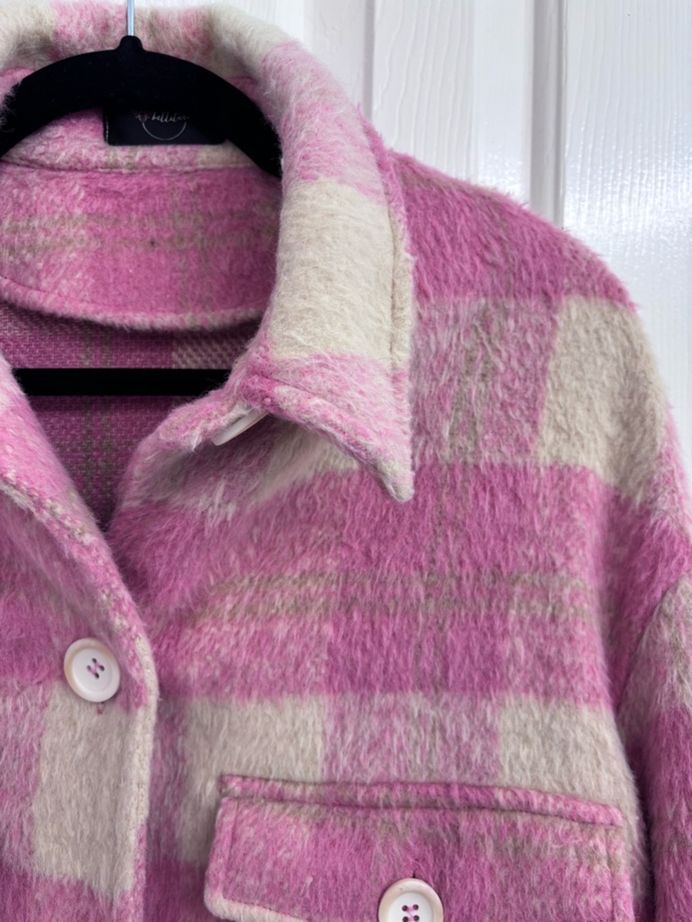 billitodu Pink Plaid Fuzzy Longline Shacket Coatigan - SIZE S (OVERSIZED) - Picture 8 of 16